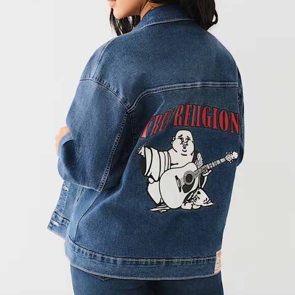 True Religion Women's NWT Printed Oversized Denim Jacket Size L - Picture 5 of 16